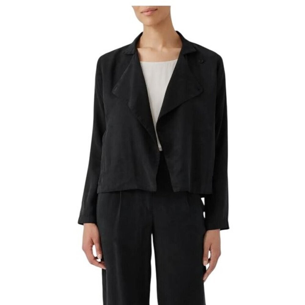 Eileen Fisher Womens Black Suede Open Front Pockets Notch Lapel Jacket Sz XL New